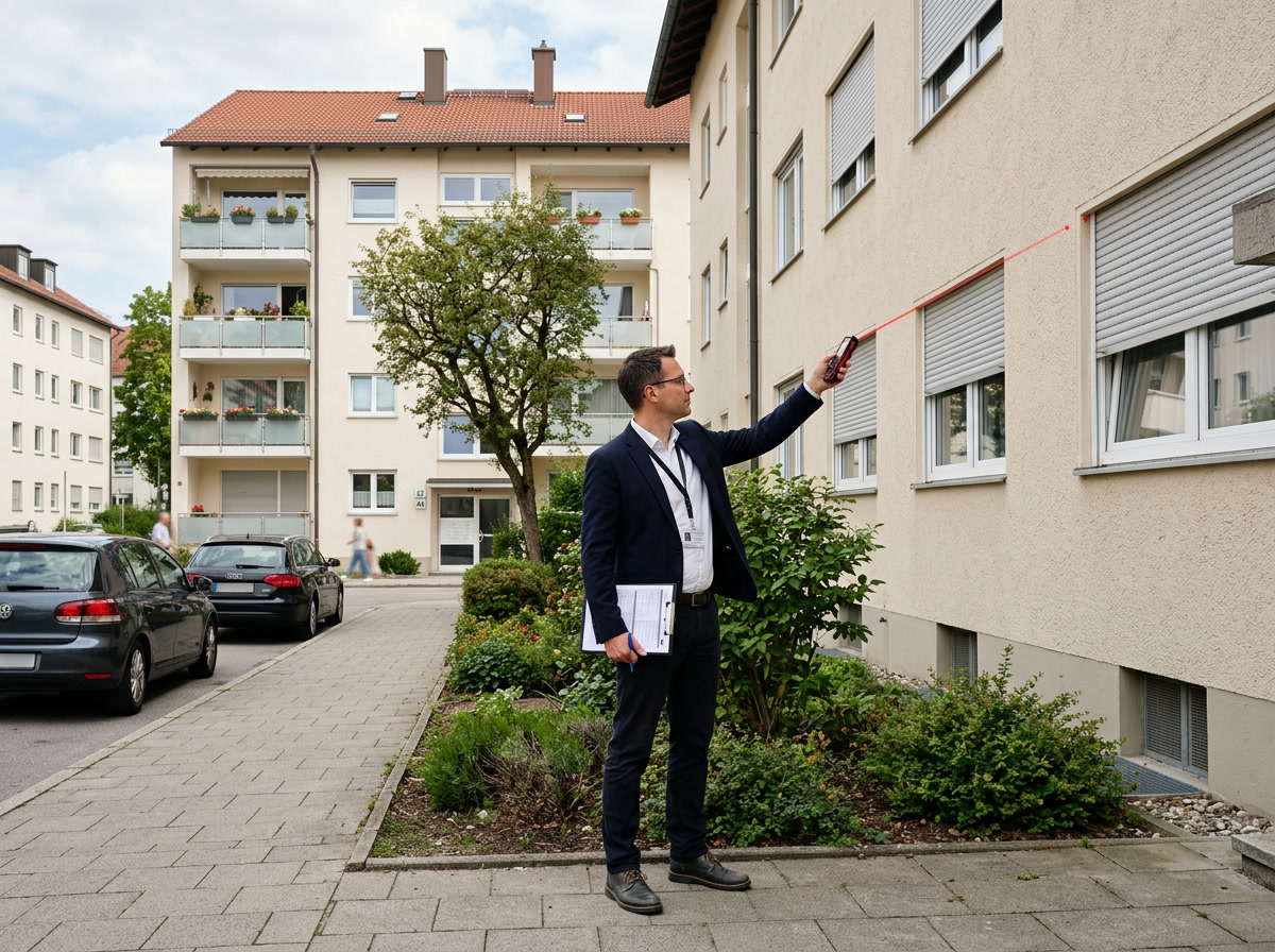 Sachverstaendiger beim Aufmass der Fassade eines Wohngebaeudes in Heidelberg