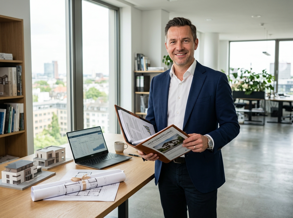Immobiliengutachter Raphael Graf mit Wertermittlungsunterlagen im Büro in Heidelberg
